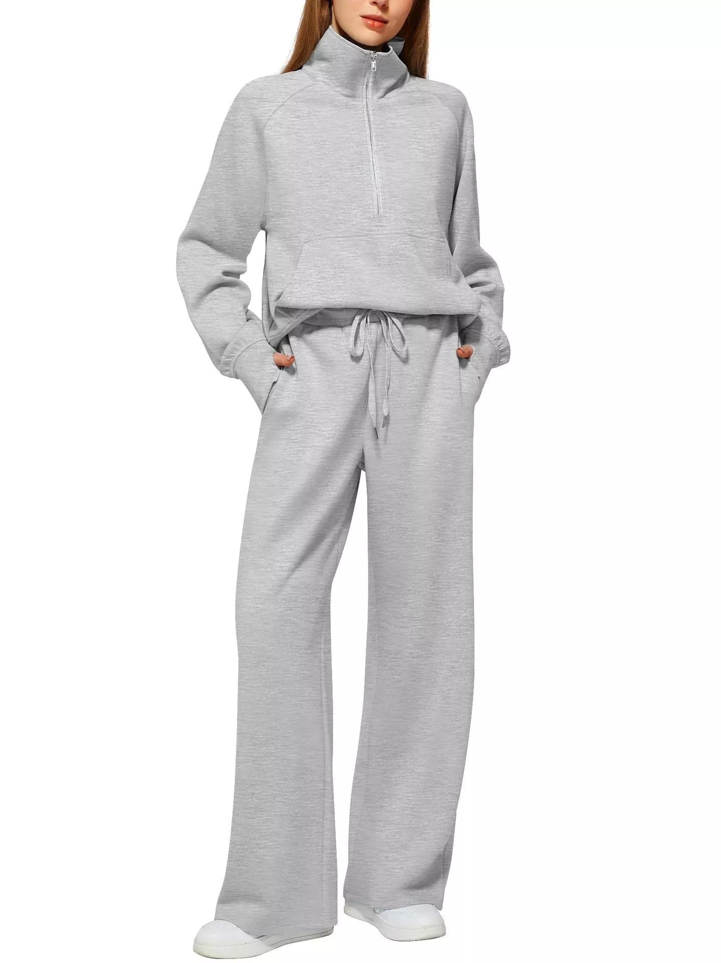 Women's solid colour long-sleeved sweater trousers suit in polyester, available in multiple colours and sizes.