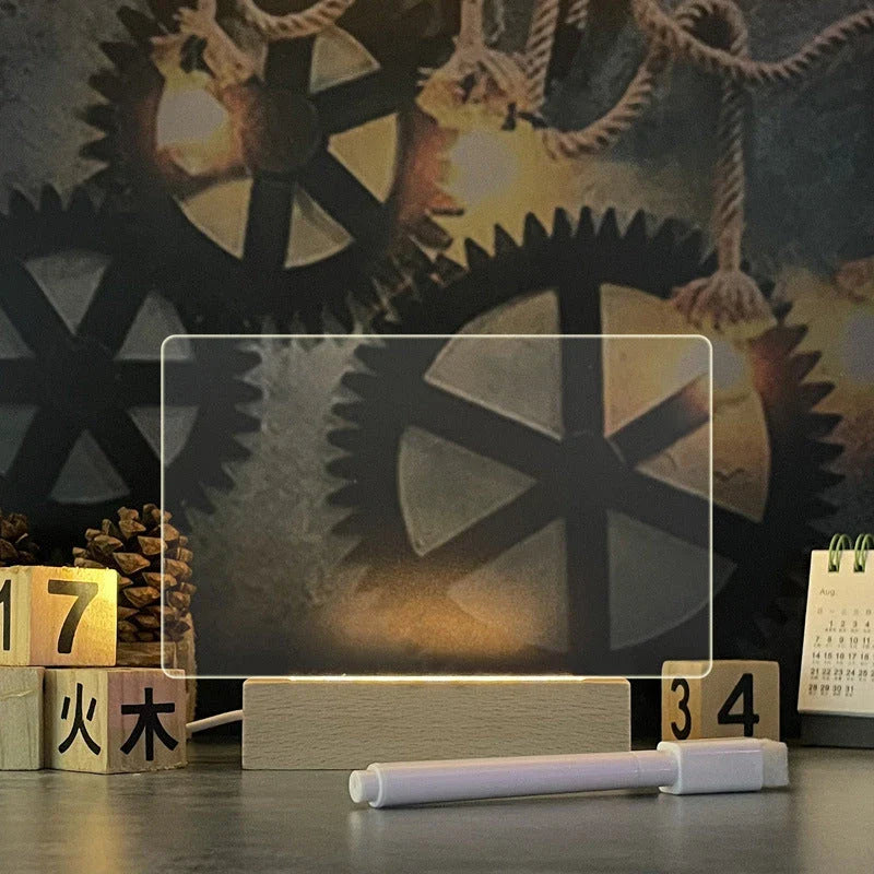 Customizable LED message board with warm lighting, acrylic design, and included erasable pen for personalized notes and artwork