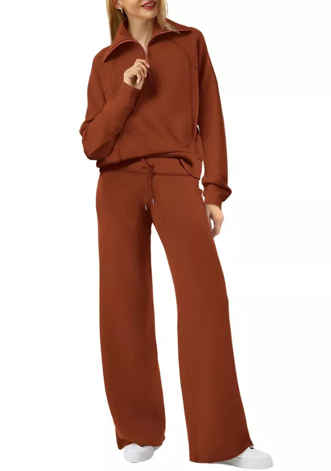 Women's solid colour long-sleeved sweater trousers suit in polyester, available in multiple colours and sizes.