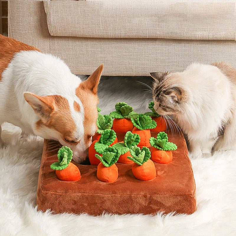 Plush carrot-shaped dog toy with snuffle mat for interactive play and mental stimulation