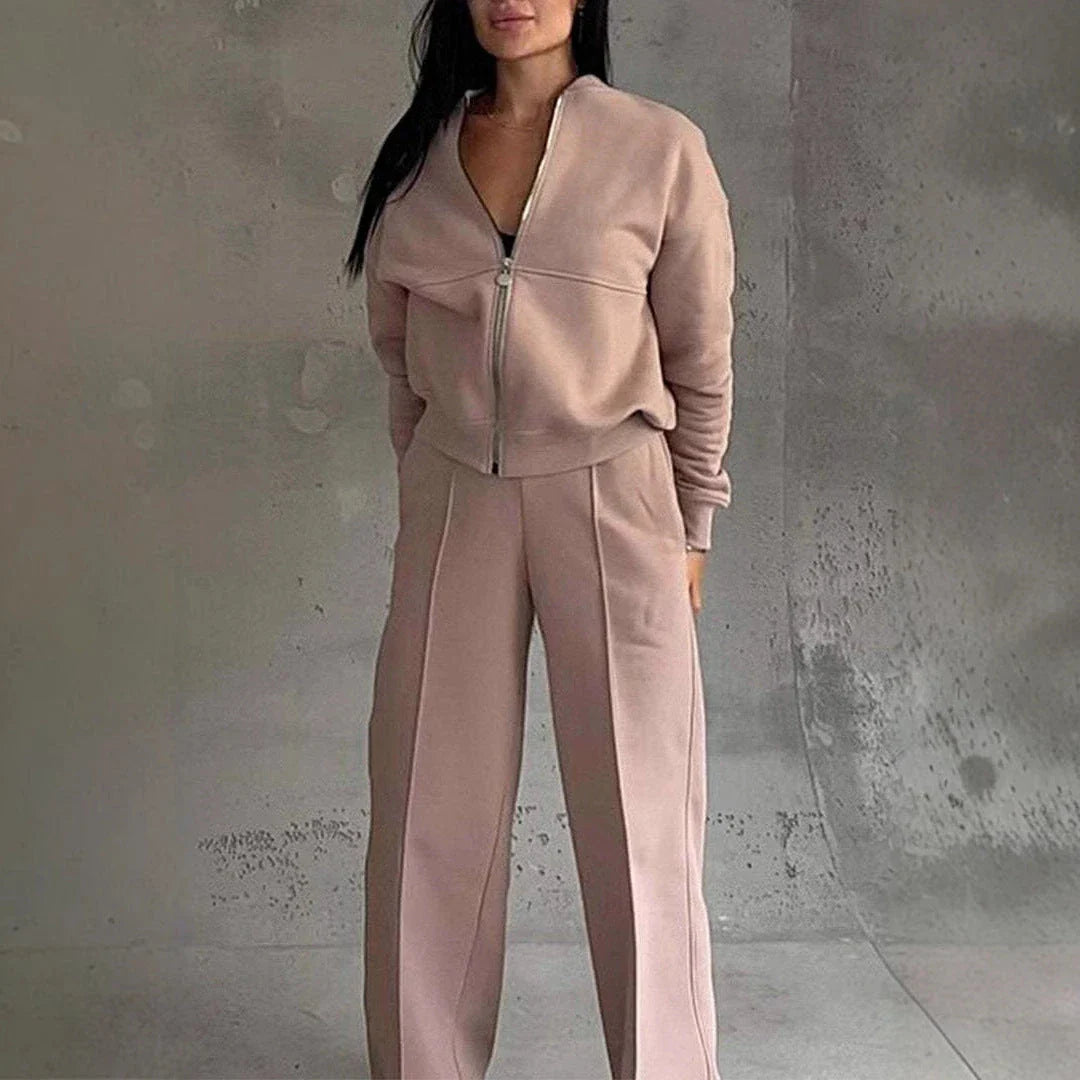 Women's stylish two-piece sports suit with zip-up jacket and wide-leg pants in a variety of colors
