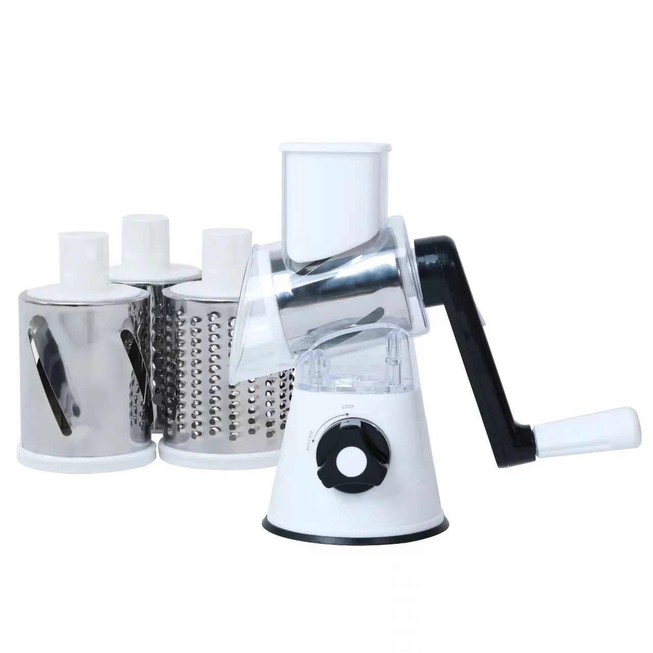 Blue multi-function vegetable chopper with suction cup base on a kitchen countertop.