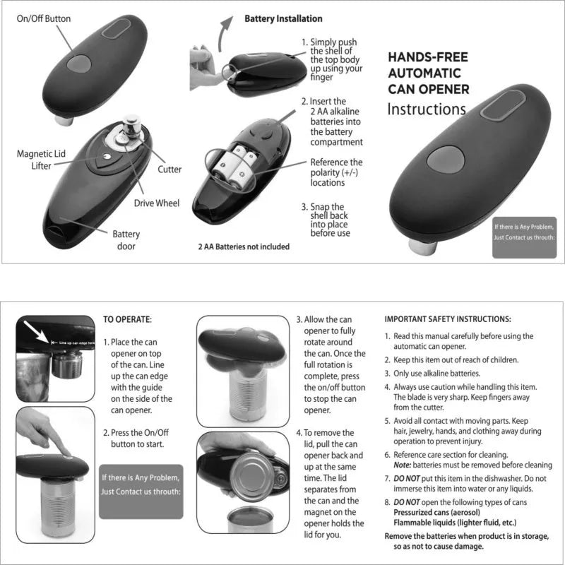 Black plastic electric can opener for hands-free opening of cans, jars, and bottles.