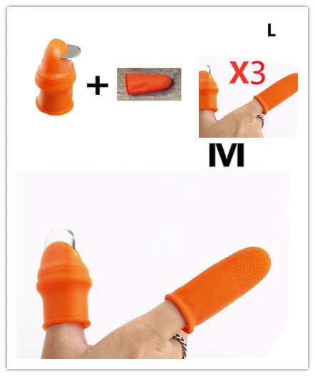 Silicone thumb protector with sharp curved blade for effortless vegetable, fruit, and crop harvesting in the garden or farm