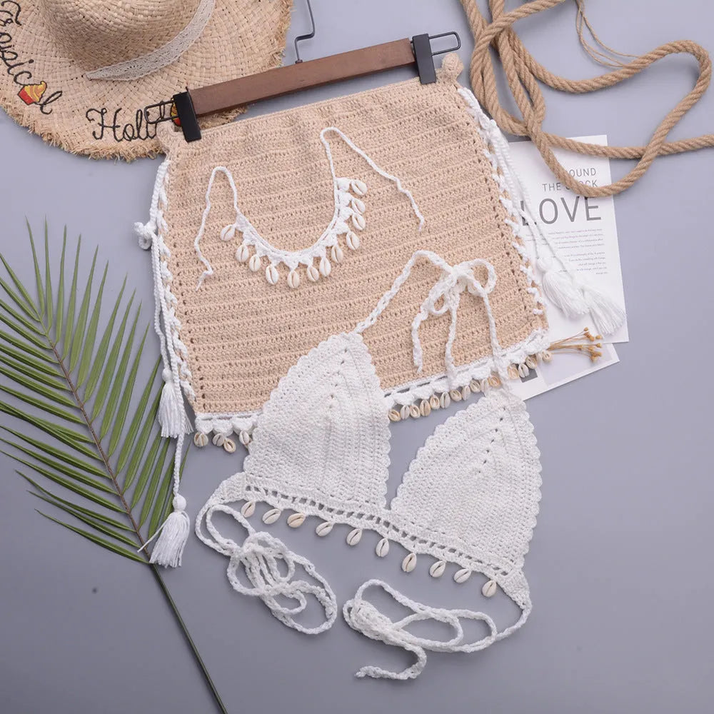 Women's handmade shell lace-up split swimsuit in cotton blend fabric with matching necklace