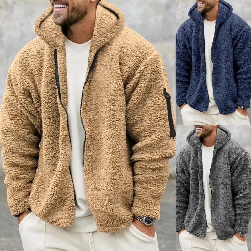 Plush hooded jacket in various colours, featuring a cosy design with a relaxed fit and convenient side pockets