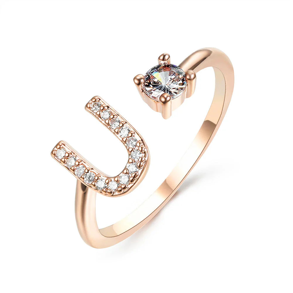Personalized Initial Letter Crystal Ring with Adjustable Design in Gold, Silver, and Rose Gold Colors