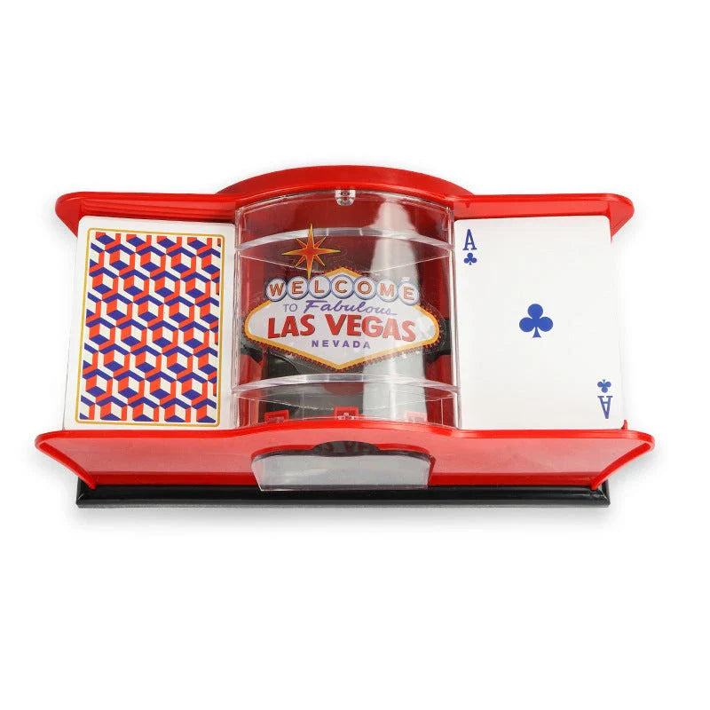 A manual card shuffler made of durable ABS material with a smooth hand crank for easy shuffling of playing cards for poker, blackjack, and other card games.