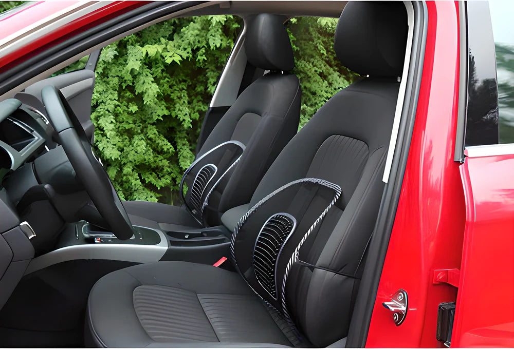 Ergonomic 2-in-1 Car Seat and Office Chair Mesh Lumbar Support with adjustable strap and breathable mesh material