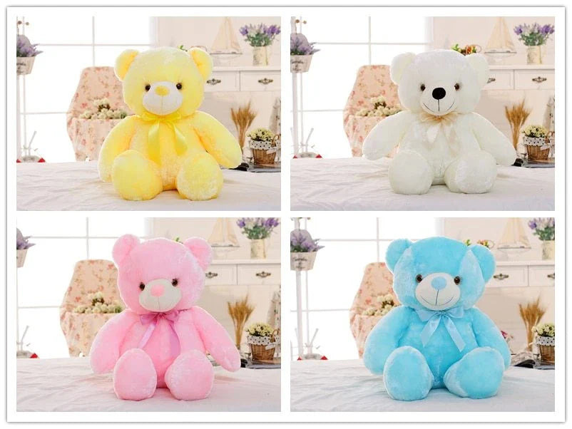 Illuminating plush teddy bear with color-changing LED lights, soft and huggable design in various sizes and colors