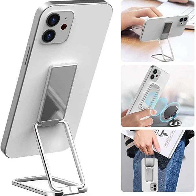 Adjustable magnetic phone stand for desk and car use, compatible with all smartphones and tablets