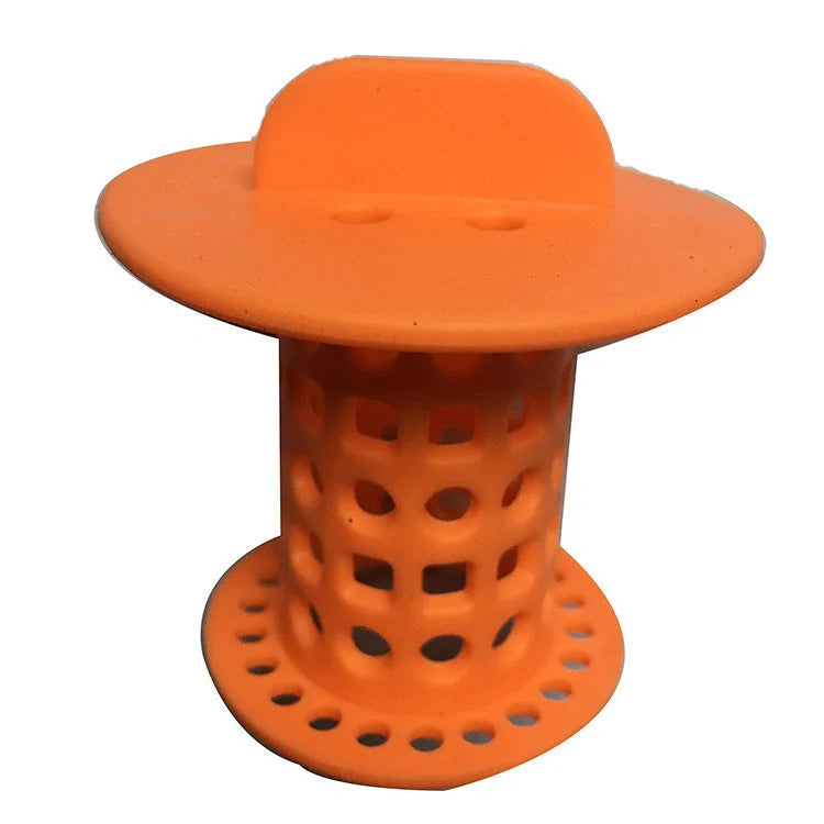 Anti-clogging plastic sink filter in blue, green, orange, and white