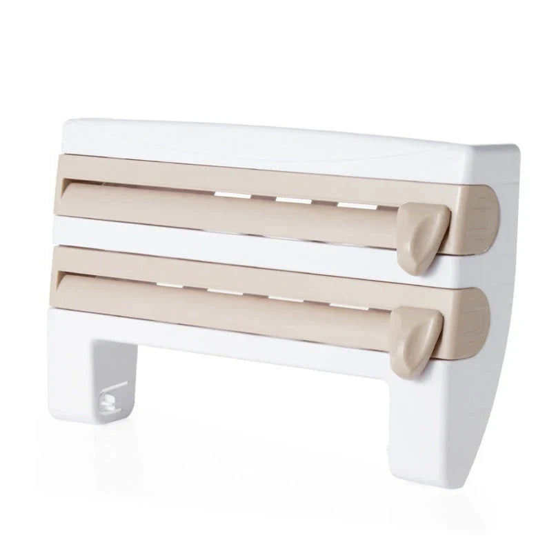 Multifunctional kitchen wall organizer with cling wrap, foil, and paper towel storage compartments and built-in cutting tools