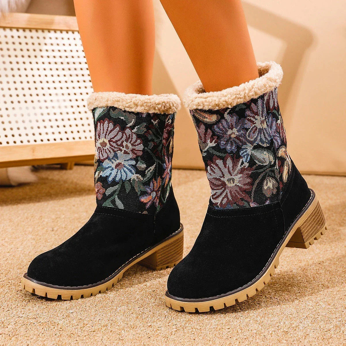 Elegant floral embroidered snow boots in various colors and sizes for women