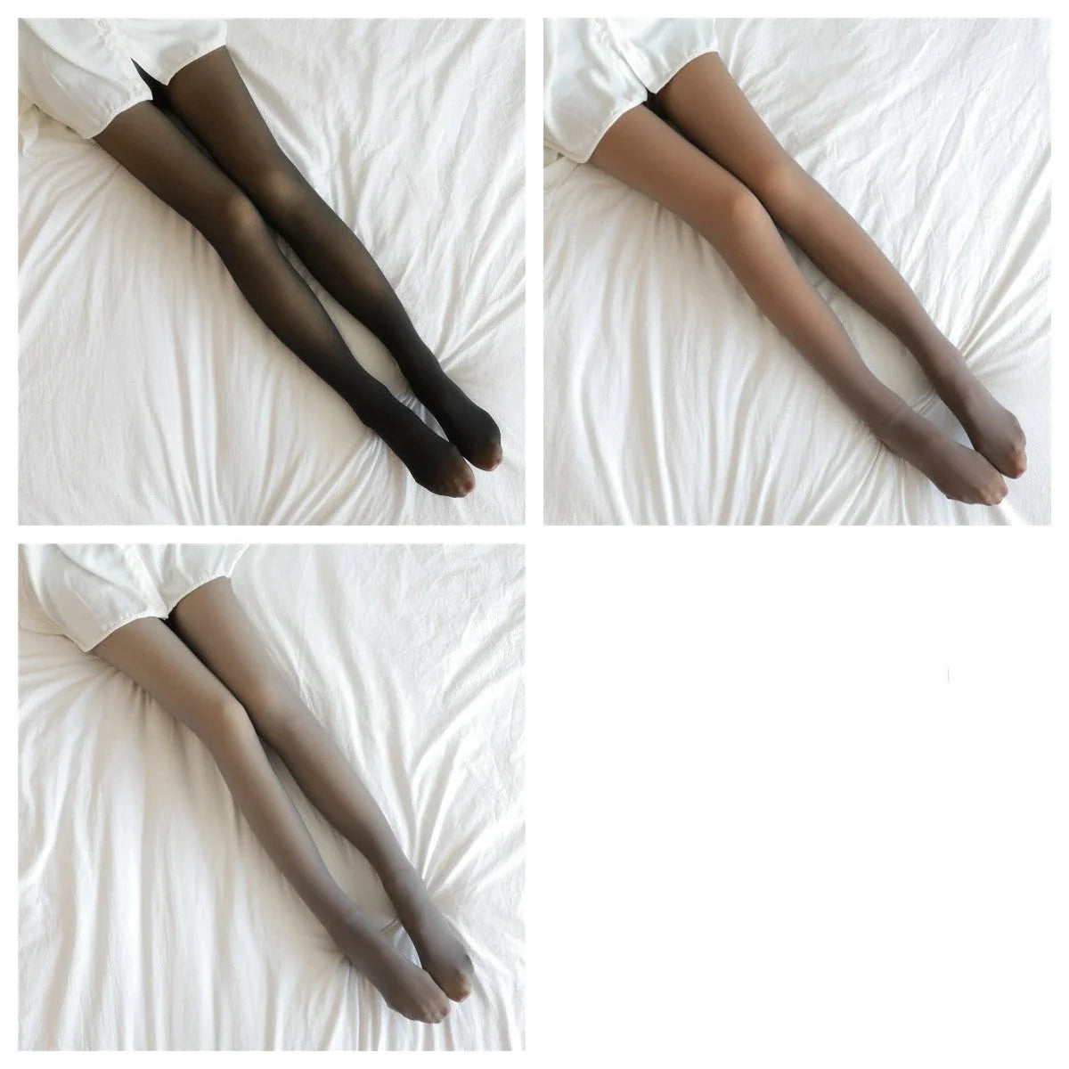 Cozy fleece-lined tights in various colors, featuring a unique translucent design and high-waisted fit for warmth and style.