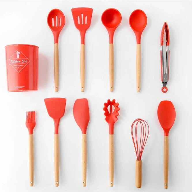 Premium silicone kitchenware set with wooden handle, ideal for cooking and baking