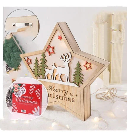 Wooden Christmas ornaments with luminous five-pointed star designs in various festive motifs, including snowmen and deer