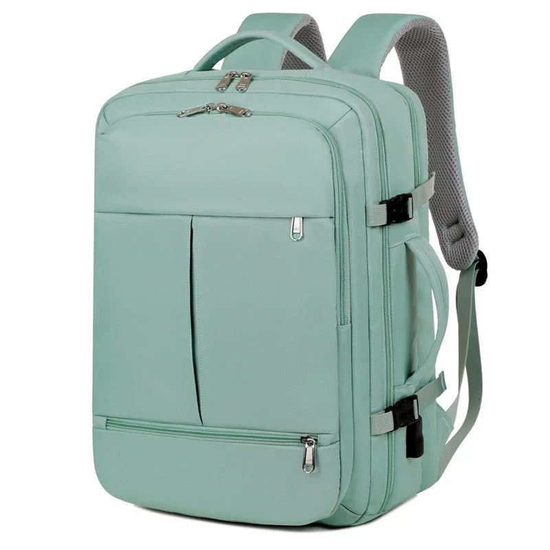 A stylish and high-capacity backpack with multiple pockets and zippers, designed for business and travel use.