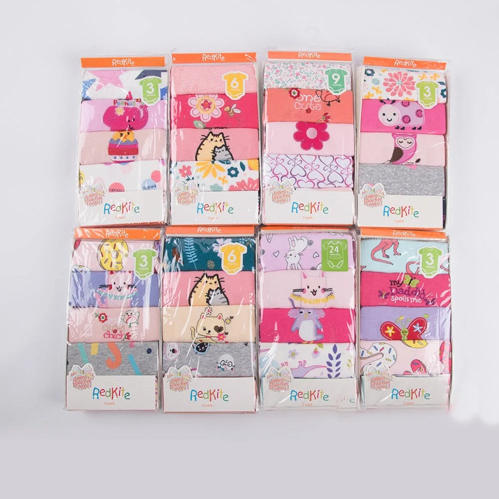Charming cotton baby outfits in a 5-piece set, featuring a variety of sizes and styles for boys and girls