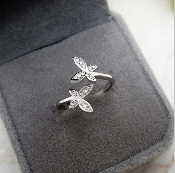 Elegant sterling silver adjustable butterfly ring with gem embellishments