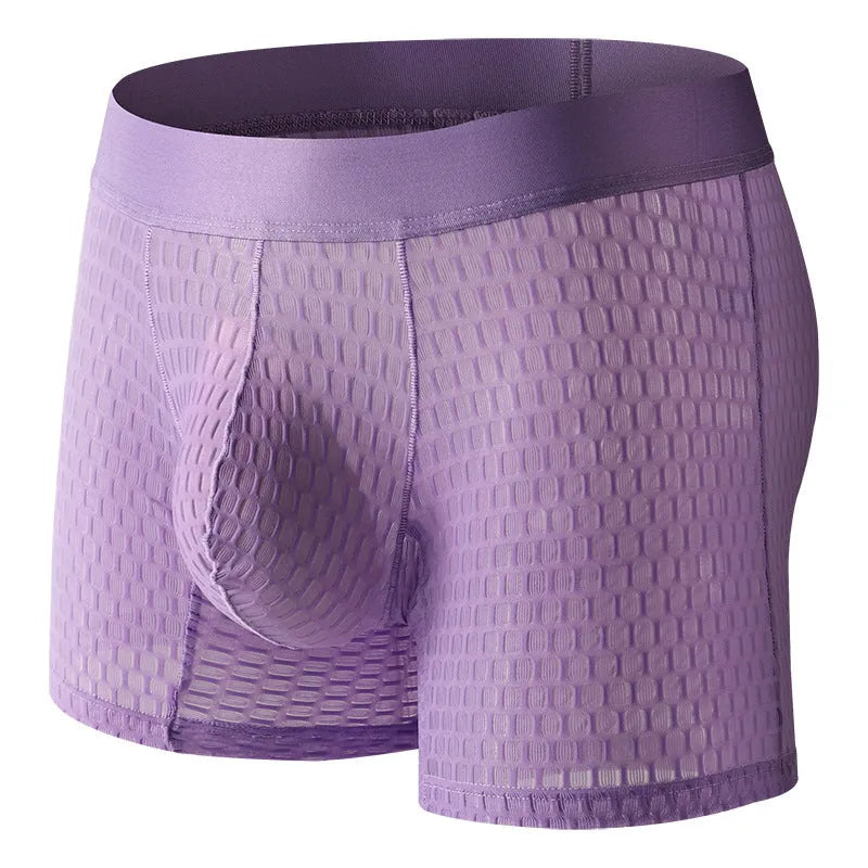 Men's lace mesh boxers in a solid colour on a low-rise waistband.
