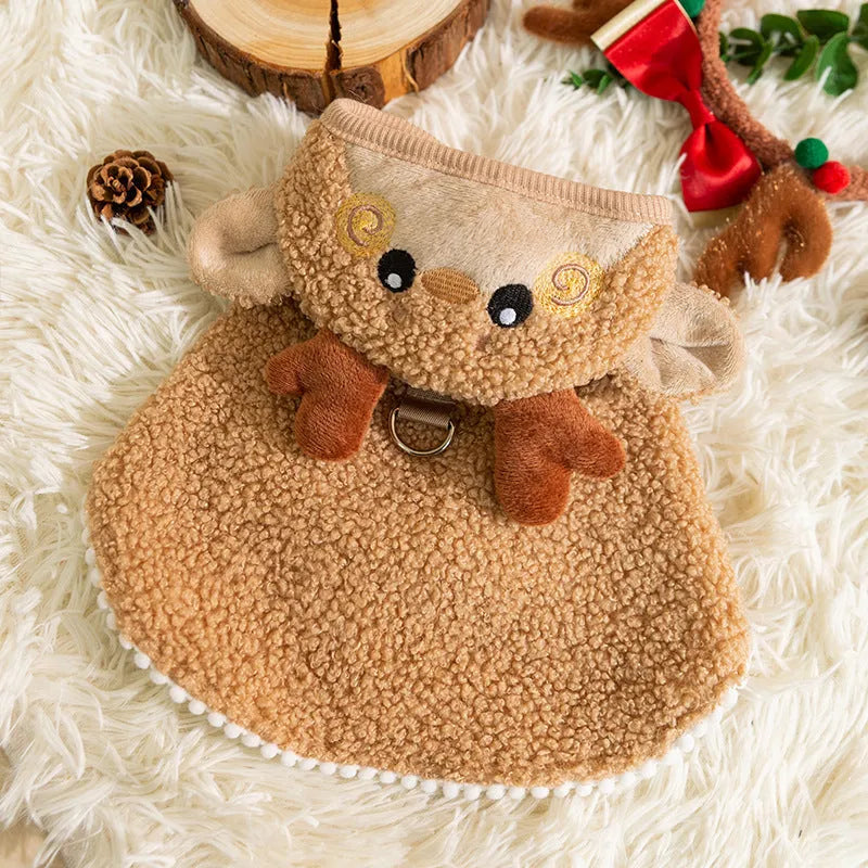 Brown cartoon elk design cat cloak with a drawable hood, shown on a cat.