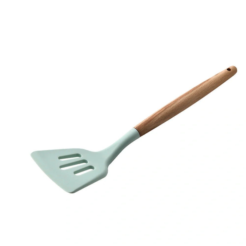 Premium silicone kitchenware set with wooden handle, ideal for cooking and baking
