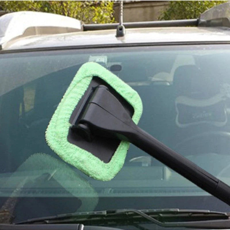 Extendable car window cleaning brush with microfiber head and long handle for reaching tough-to-clean areas