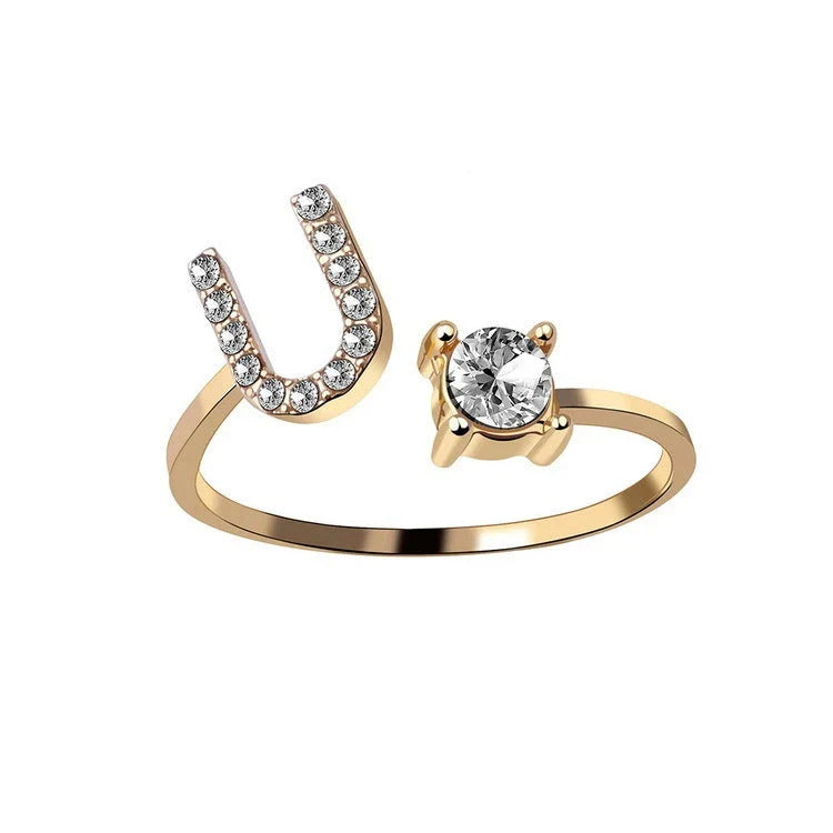 Personalized Initial Letter Crystal Ring with Adjustable Design in Gold, Silver, and Rose Gold Colors
