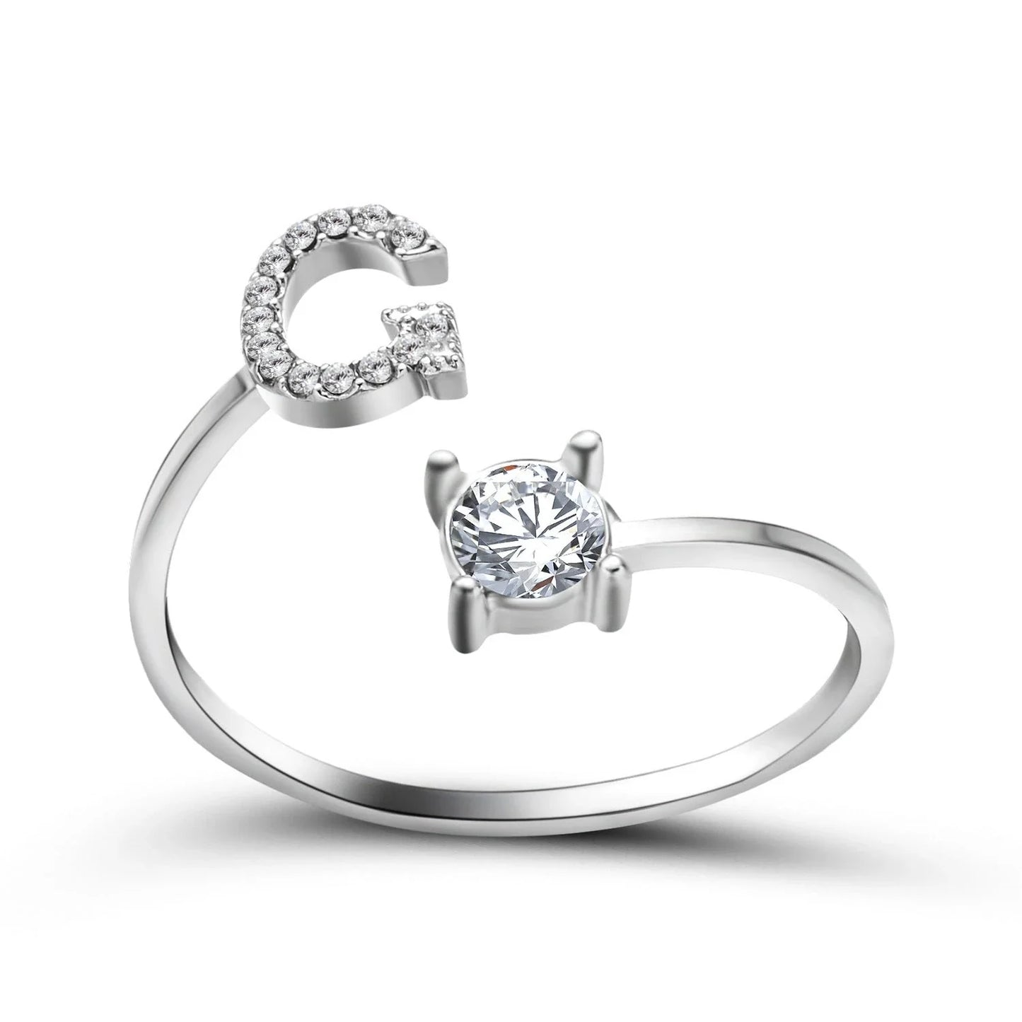 Personalized Initial Letter Crystal Ring with Adjustable Design in Gold, Silver, and Rose Gold Colors