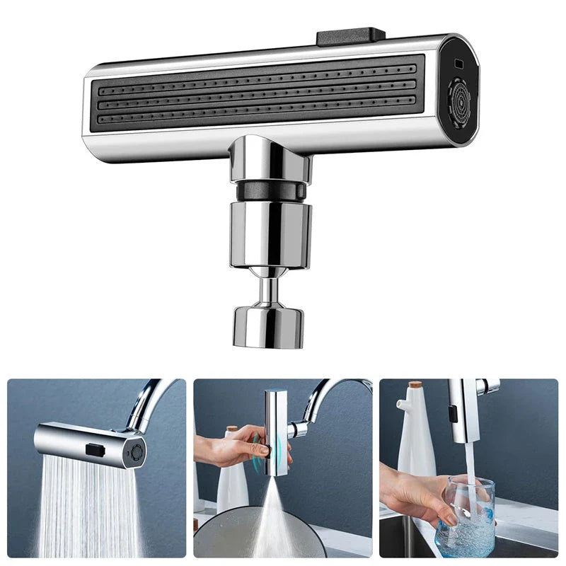 Premium waterfall kitchen faucet with versatile water modes, including waterfall, strong pressure, scraper, and gentle shower settings