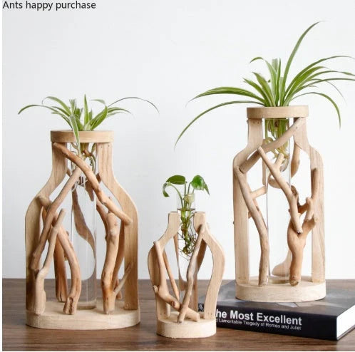 Handcrafted wooden vase with glass container for hydroponic floral displays and home decor