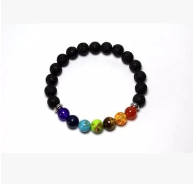 Handcrafted beaded bracelet with seven chakra-representing beads, designed to promote balance and well-being.