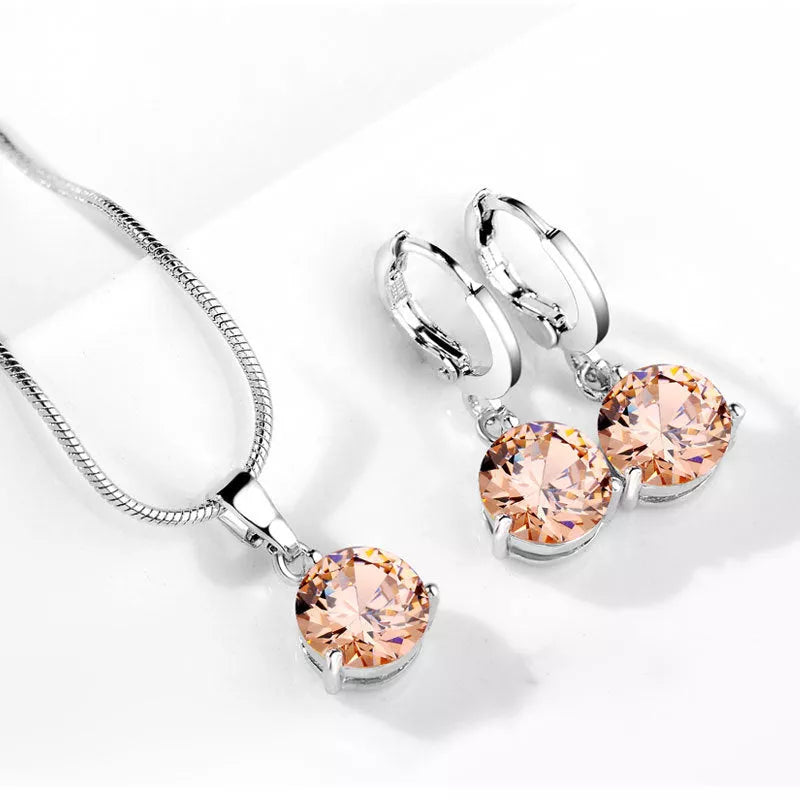 Zircon Water Drop Necklace and Earring Set with unique snake bone chain and mixed gem setting