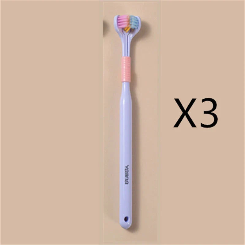A soft bristle toothbrush with a unique triple-sided brush head for deep cleaning and customizable bristle firmness.