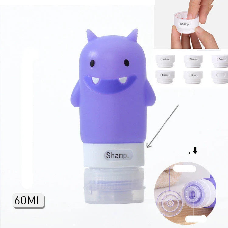 Portable animal-shaped silicone travel bottles for shampoo, shower gel, and lotion in various vibrant colors and designs
