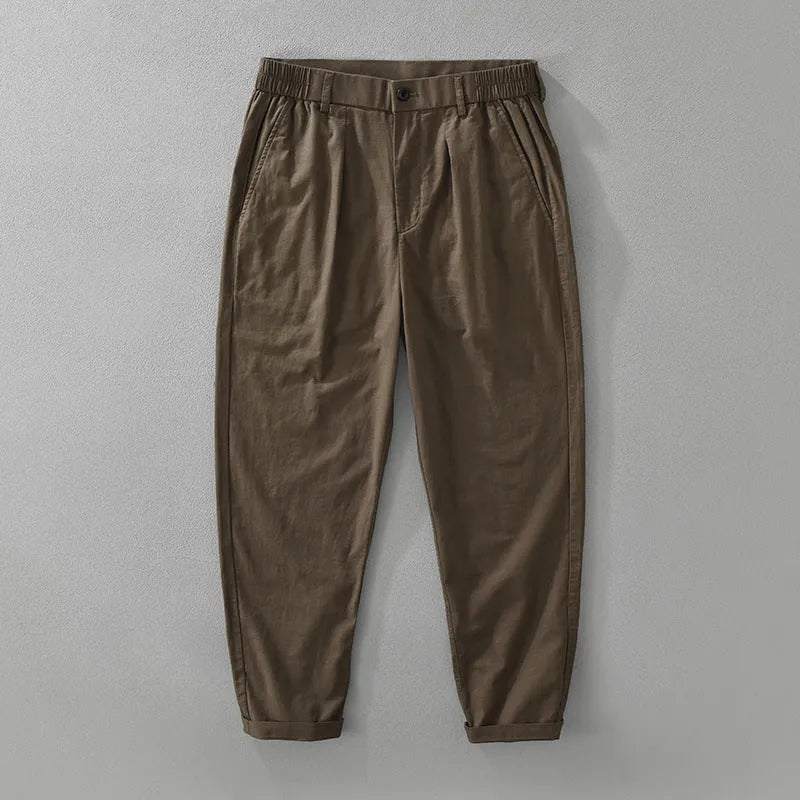 Men's loose-fit straight-leg trousers in a cotton linen blend, shown in a raw jute colour.