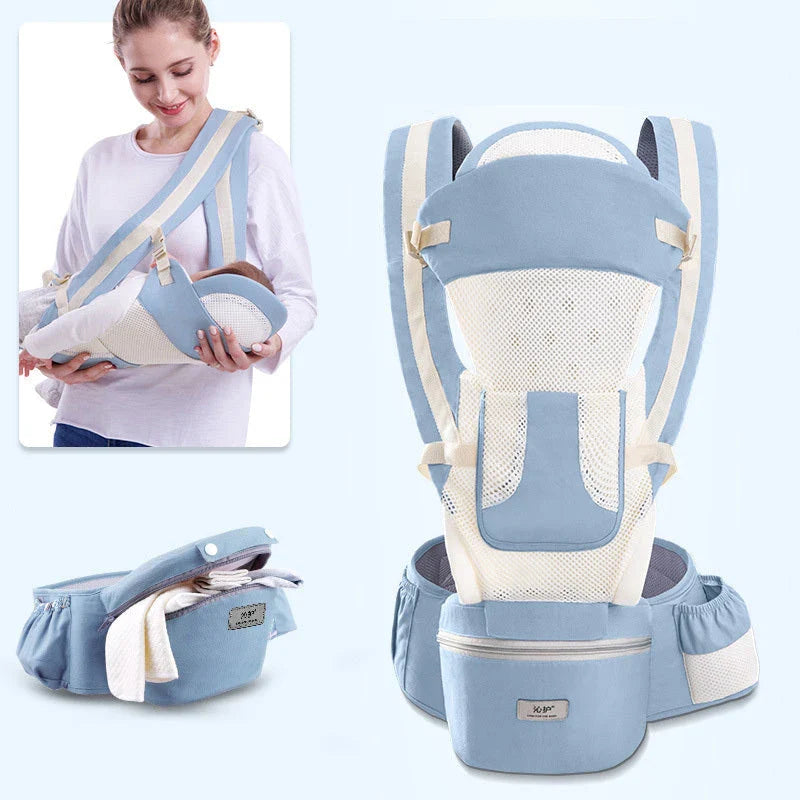 Versatile 3-in-1 baby carrier with 15 carrying positions, adjustable sunshade, and storage compartment for convenient parenting