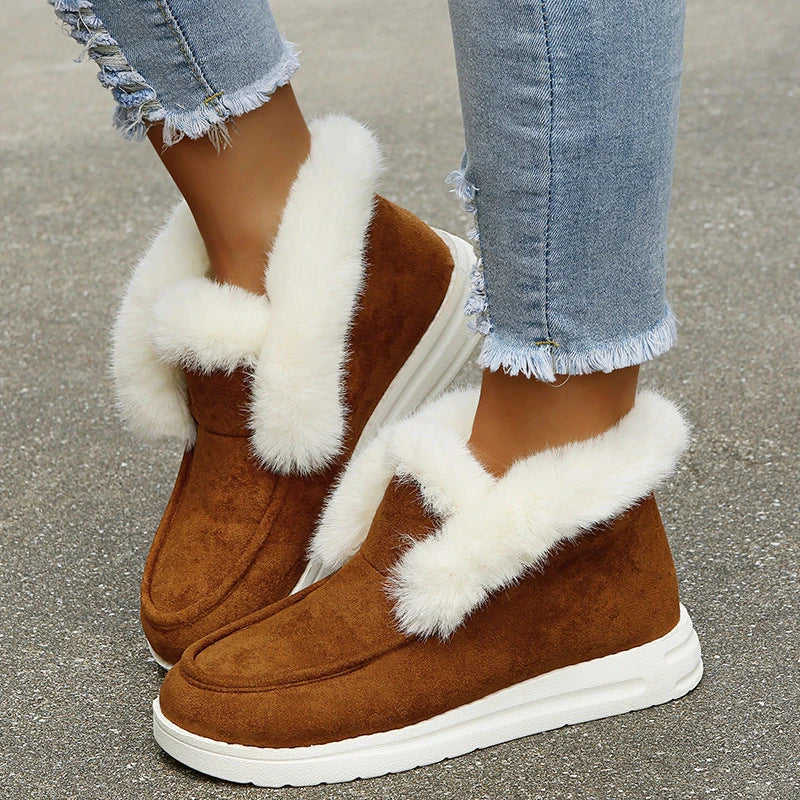 Cozy Winter Ankle Boots for Women in Black, Grey, and Brown colors with plush fur lining and low-heel design