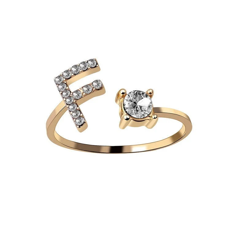 Personalized Initial Letter Crystal Ring with Adjustable Design in Gold, Silver, and Rose Gold Colors