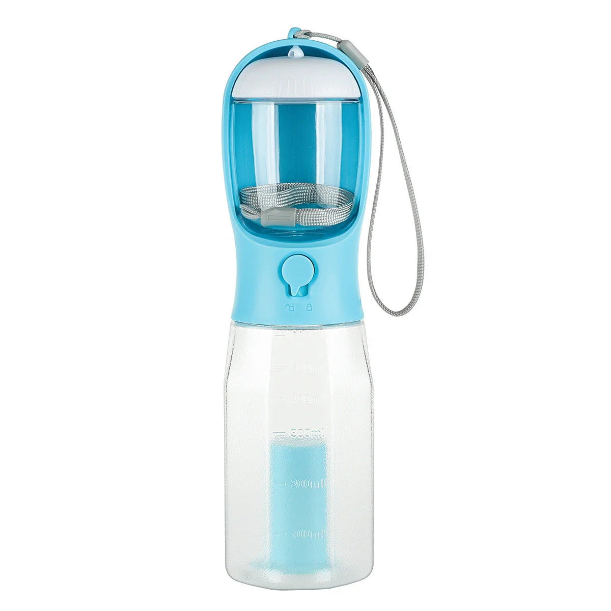 Multifunctional pet water bottle with built-in poop bag dispenser, available in turquoise, pink, and white colors