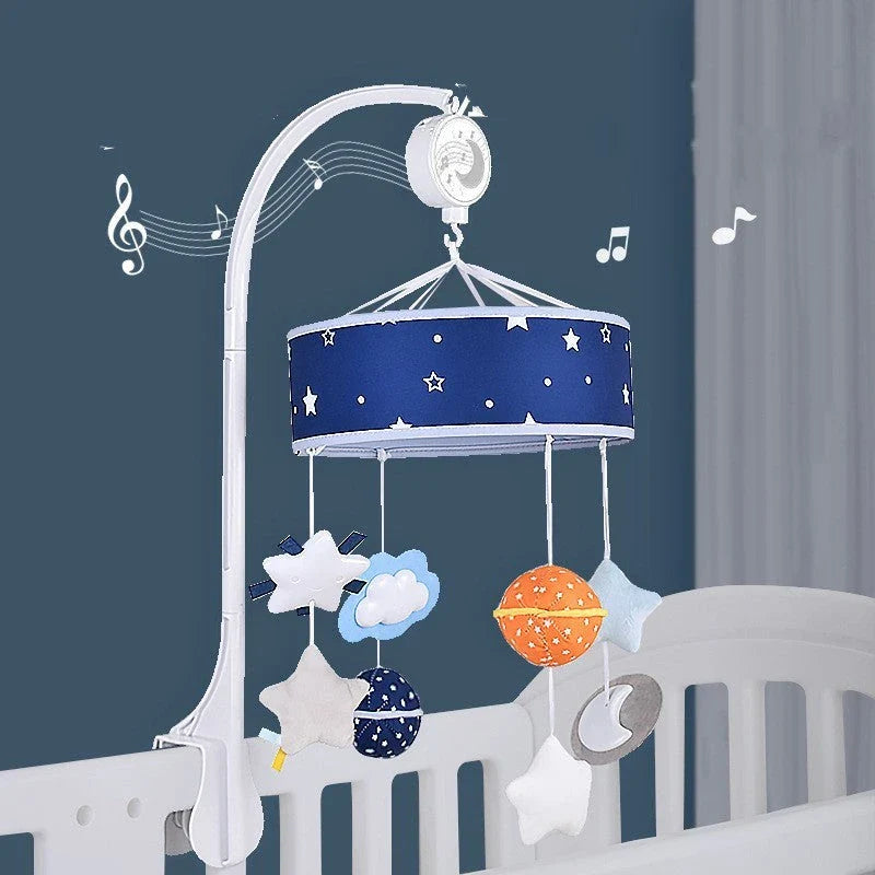 Adjustable baby crib mobile with soft lights, soothing melodies, and plush pendants for calming sleep environment