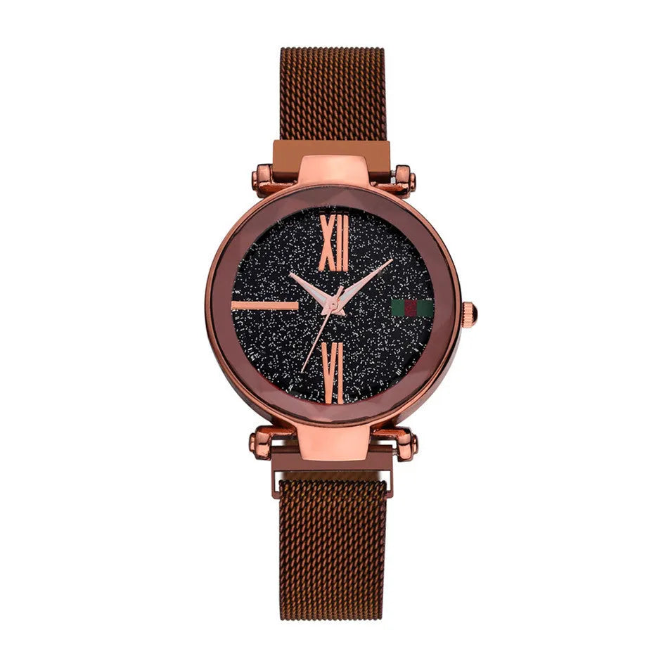 Ladies quartz watch with stainless steel magnet band in choice of six colours on wrist.