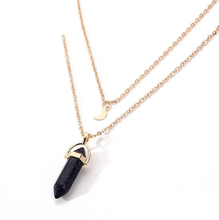 Elegant natural stone hexagonal necklace with double moon and crescent pendant in various colours