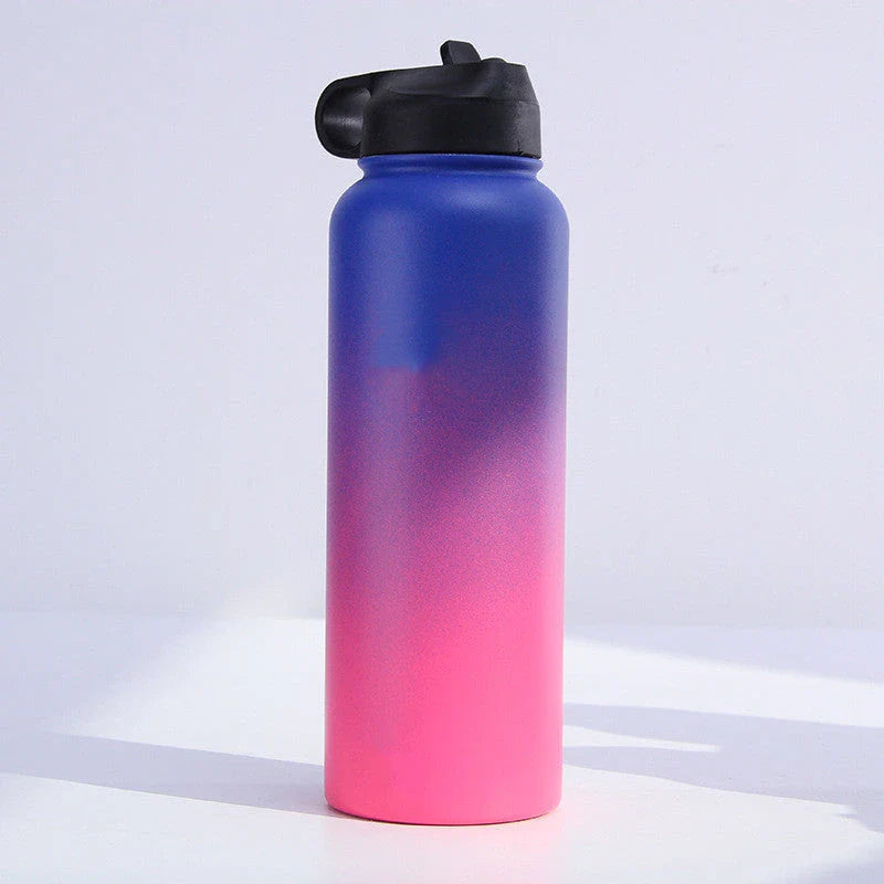 Stainless steel insulated water bottle with wide mouth and push-button lid for hot and cold beverages