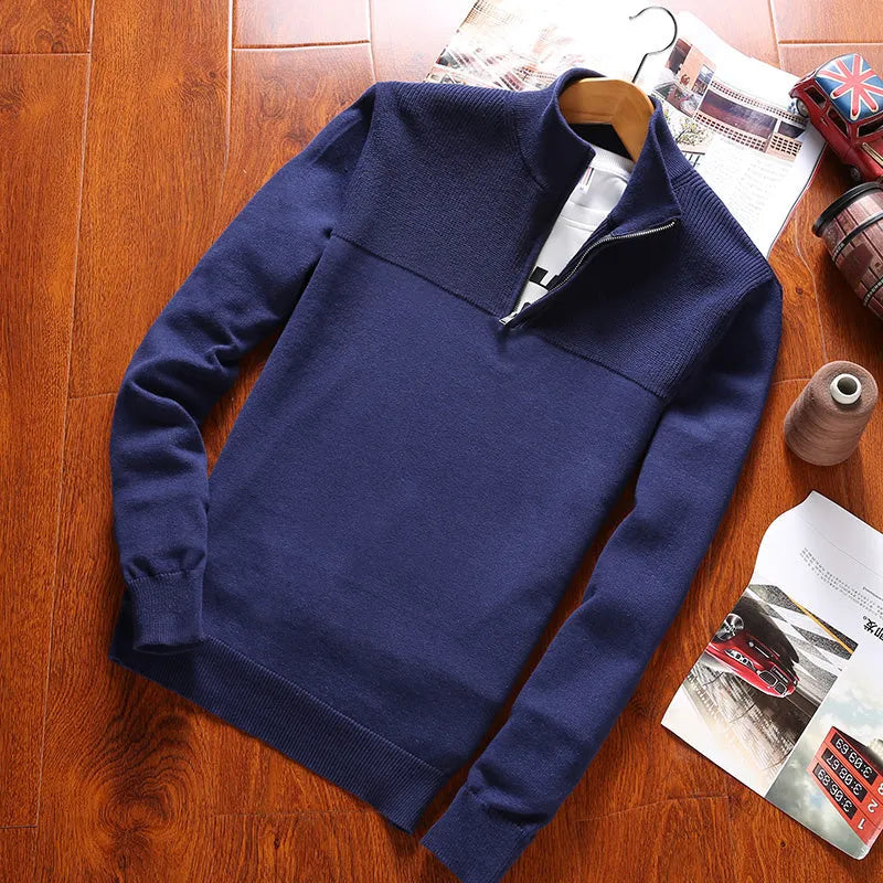 Men's autumn knitted jumper with round neck and long sleeves, shown in black, blue, and red colour options.
