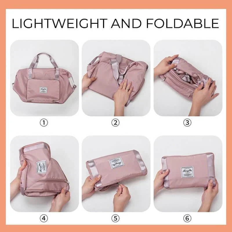 Stylish and spacious foldable travel bag for women, featuring a water-resistant Oxford cloth construction, multiple pockets, and convenient carrying options.