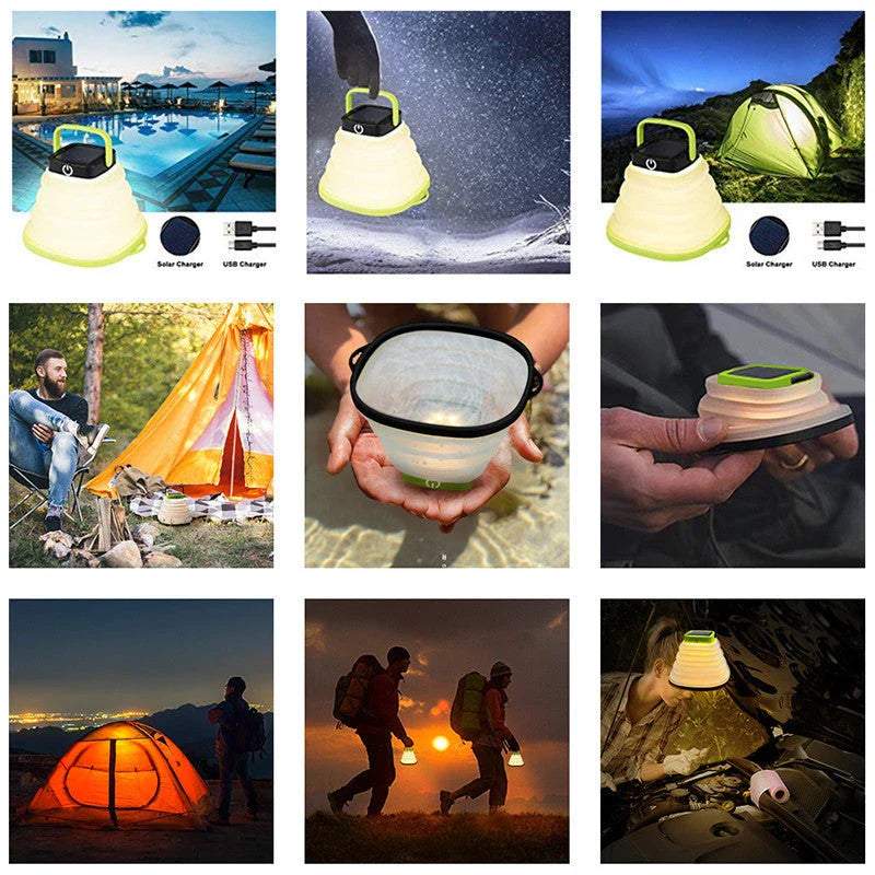 Compact and collapsible solar-powered camping lantern with adjustable brightness and IP68 waterproof rating