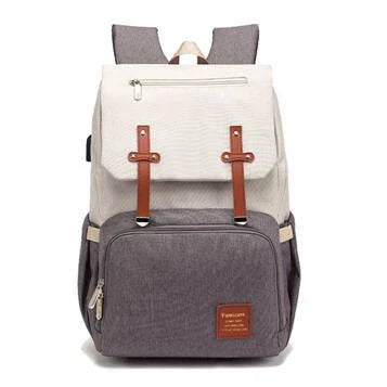 Stylish and functional diaper backpack with large capacity, stroller hooks, and USB charging port for modern parents