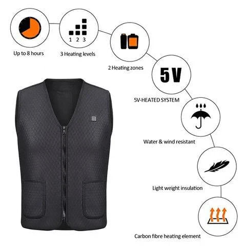 Outdoor heated vest for riding, skiing, and fishing activities with electric heating technology and durable construction
